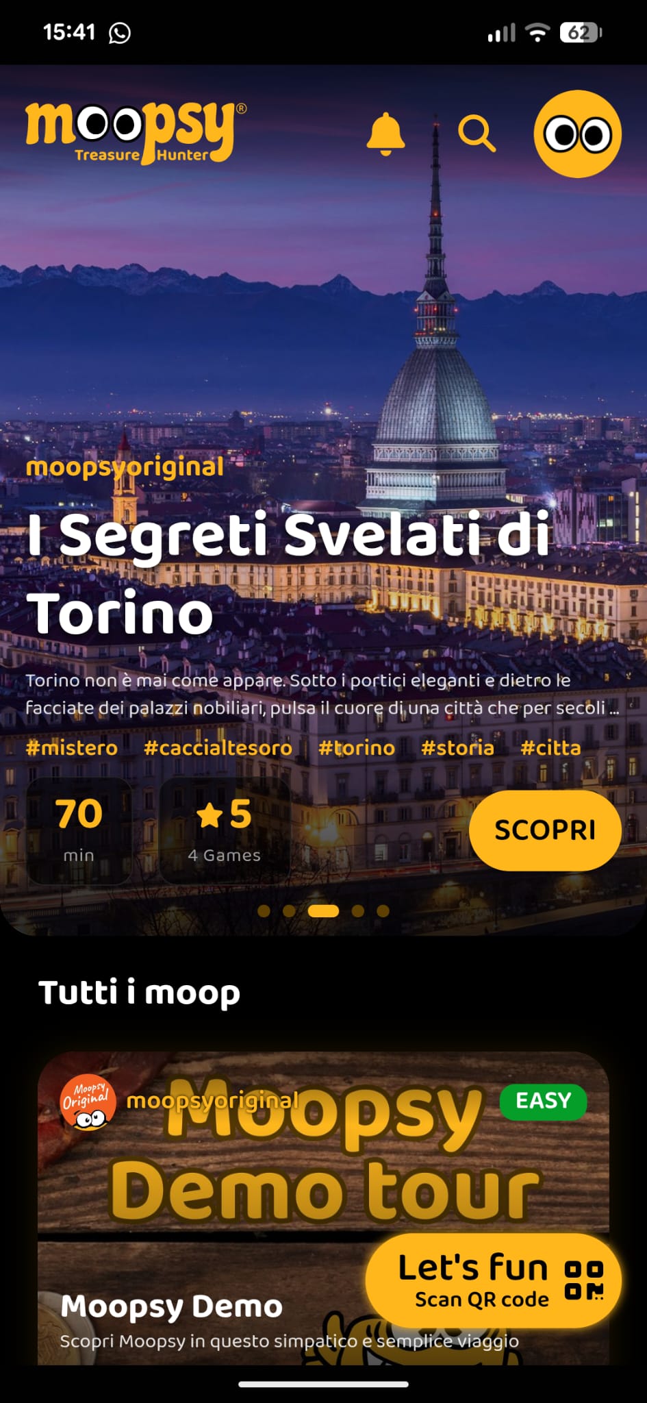schermata dell'app Moopsy con una caccia al tesoro